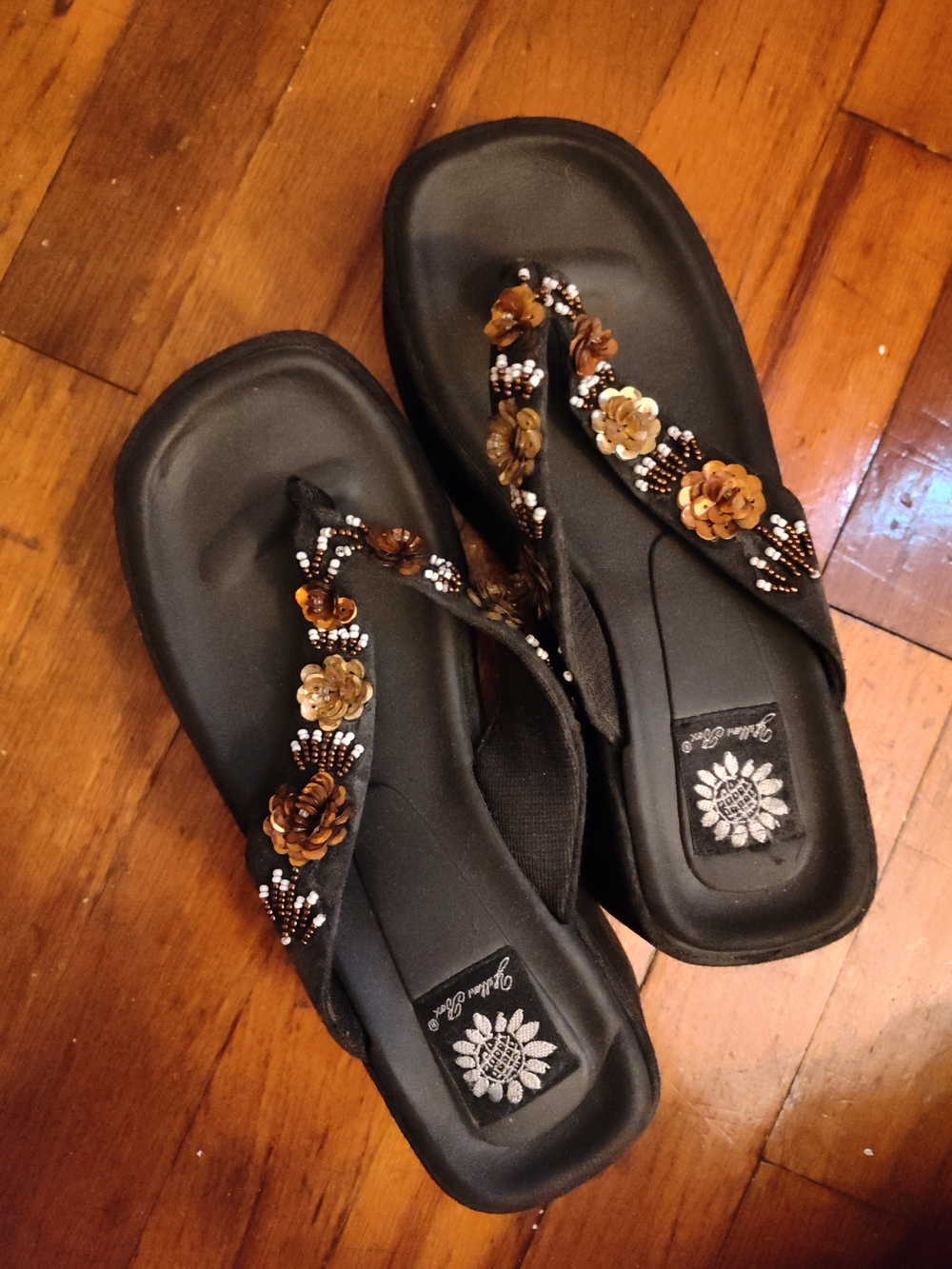 Yellow Box Black Flip Flop Sandals with Brown Floral Bead Accents